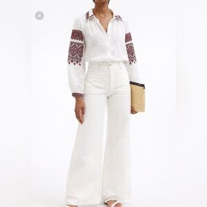 Nili Lotan Jill Blouse Size S White Linen Embroidered Boho Top